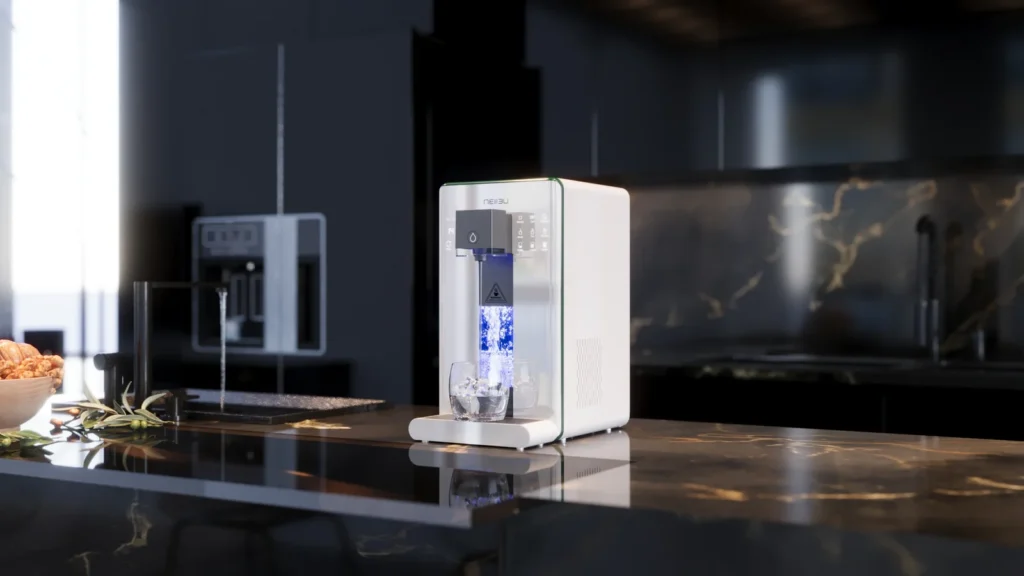 Máquina hydro blanca en una cocina