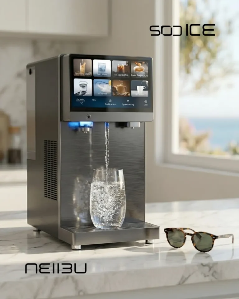 Un dispensador de agua de encimera negro y moderno, que sirve agua con gas y burbujeante en un vaso alto, mostrando el mejor sistema de filtrado de agua domestico. El dispositivo tiene una pantalla táctil que muestra iconos para varios tipos de bebidas, incluyendo agua con gas y fría. En primer plano, el vaso alto de agua tiene burbujas ascendentes. Una lima cortada y hojas de menta están en un platillo sobre una encimera de mármol. Al fondo, una cocina limpia con luz natural que entra por una ventana. El diseño es elegante y funcional.