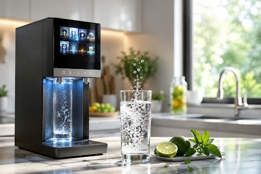 Un dispensador de agua de encimera negro y moderno, que sirve agua con gas y burbujeante en un vaso alto, mostrando el mejor sistema de filtrado de agua domestico. El dispositivo tiene una pantalla táctil que muestra iconos para varios tipos de bebidas, incluyendo agua con gas y fría. En primer plano, el vaso alto de agua tiene burbujas ascendentes. Una lima cortada y hojas de menta están en un platillo sobre una encimera de mármol. Al fondo, una cocina limpia con luz natural que entra por una ventana. El diseño es elegante y funcional.