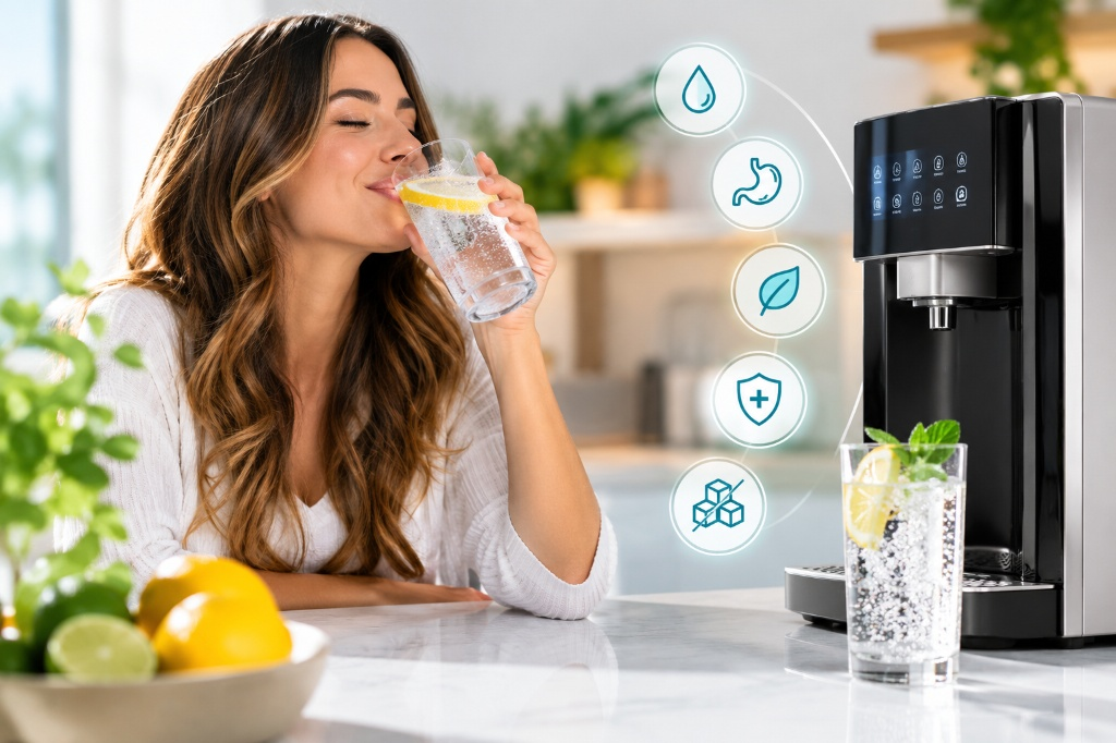 Fotografía de una mujer joven sonriendo con los ojos cerrados mientras disfruta de un vaso de agua carbonatada con una rodaja de limón, apoyada sobre la encimera de mármol de una cocina luminosa. A su derecha se encuentra un moderno dispensador de agua negro junto a un vaso decorado con limón y hojas de menta. Entre la mujer y el dispositivo flotan cinco iconos gráficos circulares (una gota de hidratación, un estómago, una hoja verde, un escudo médico y cubos de azúcar tachados) que ilustran visualmente los beneficios de beber agua con gas. En primer plano, a la izquierda, se observan limones y limas frescas desenfocadas.