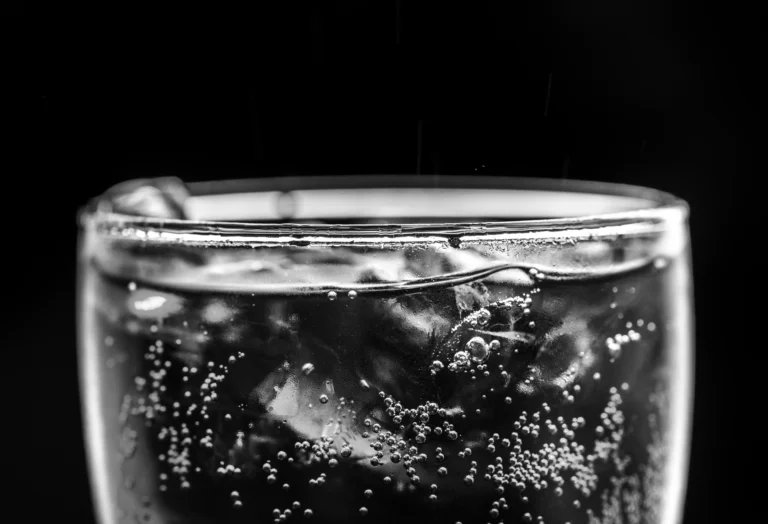 Vaso de agua carbonatada con burbujas y limón sobre una mesa para explicar si engorda el agua con gas.